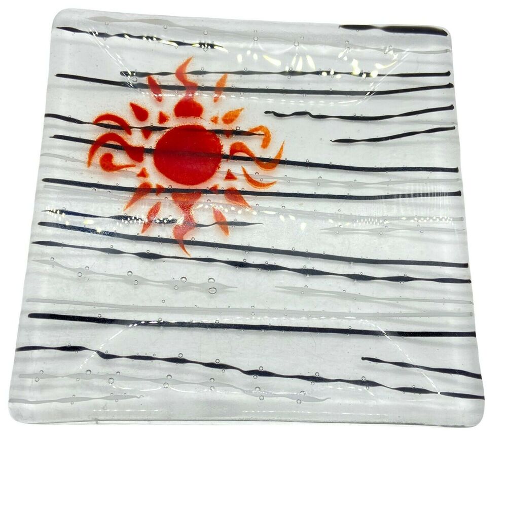 Fused Glass Plate Vintage White Black Red Square Shape Decorative Sun Art Glass